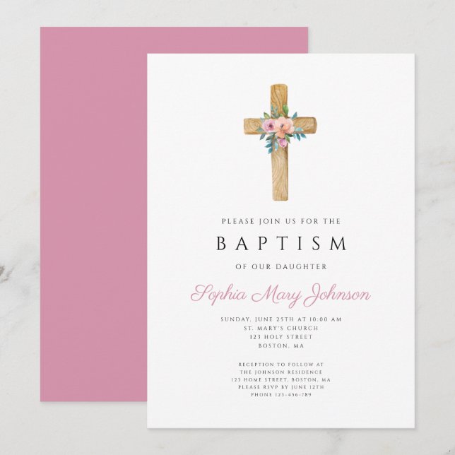Invitación Elegante Baptismo de Cruz Floral Rosa (Anverso / Reverso)