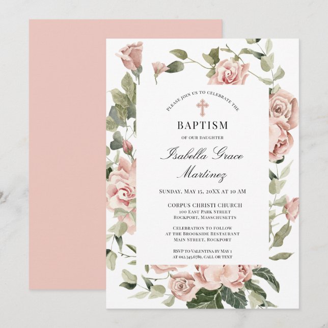 Invitación Elegante Baptismo de Cruz Floral Rosa Dusty (Anverso / Reverso)