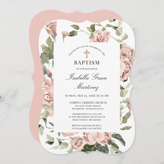 Invitación Elegante Baptismo de Cruz Floral Rosa Dusty (Anverso / Reverso)