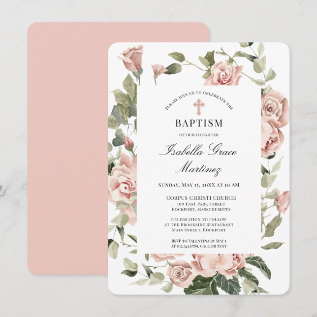 Invitación Elegante Baptismo de Cruz Floral Rosa Dusty (Anverso / Reverso)