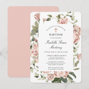 Invitación Elegante Baptismo de Cruz Floral Rosa Dusty