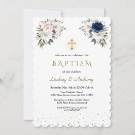 Invitación Elegante Baptismo de flores azules rosas gemelas