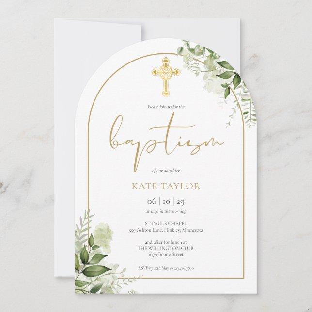 Invitación Elegante Baptismo de Foliage floral con arcos de o (Anverso)