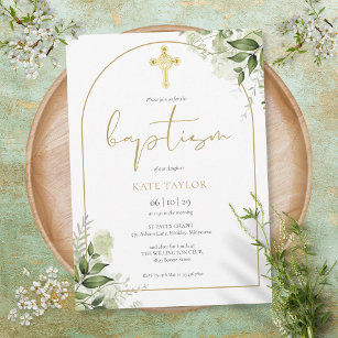 Invitación Elegante Baptismo de Foliage floral con arcos de o