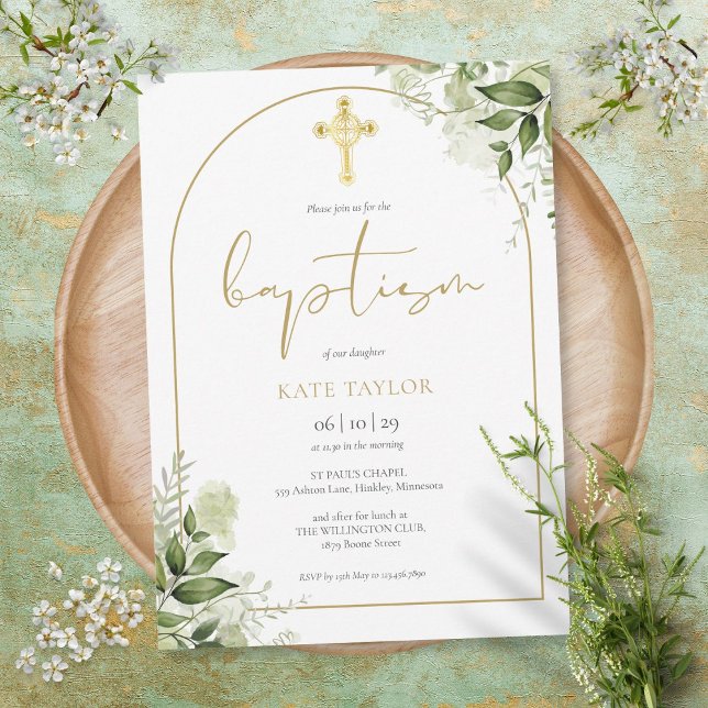 Invitación Elegante Baptismo de Foliage floral con arcos de o (Subido por el creador)