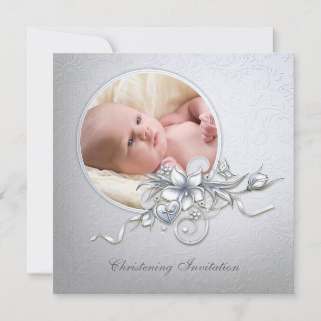 Invitación Elegante Baptismo de foto azul claro (Anverso)