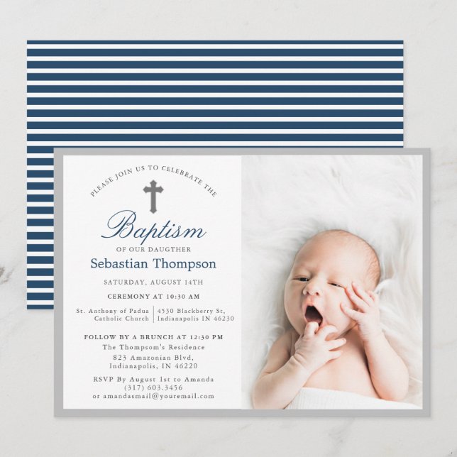 Invitación Elegante Baptismo de foto de franjas de la Marina  (Anverso / Reverso)