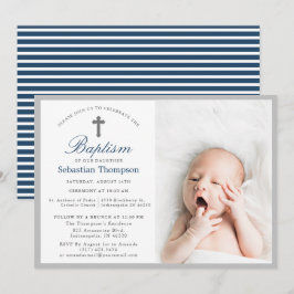 Invitación Elegante Baptismo de foto de franjas de la Marina
