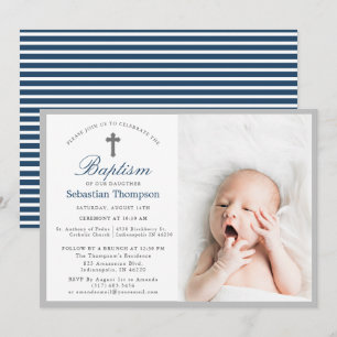 Invitación Elegante Baptismo de foto de franjas de la Marina 
