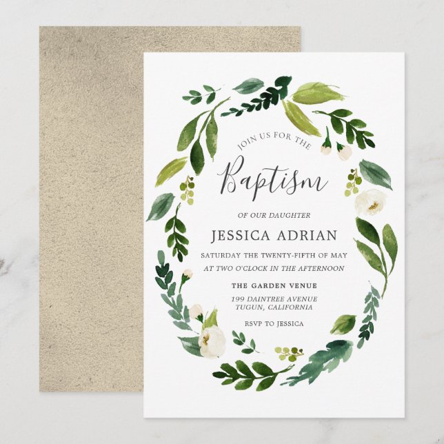 Invitación Elegante Baptismo De Hojas Florales Modernas Invit (Anverso / Reverso)