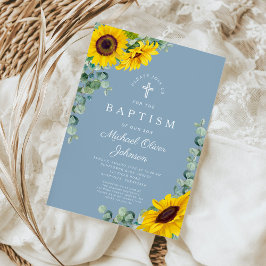 Invitación Elegante Baptismo de la Cruz Azul de Girasol