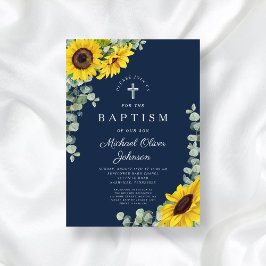 Invitación Elegante Baptismo de la cruz azul del girasol de l