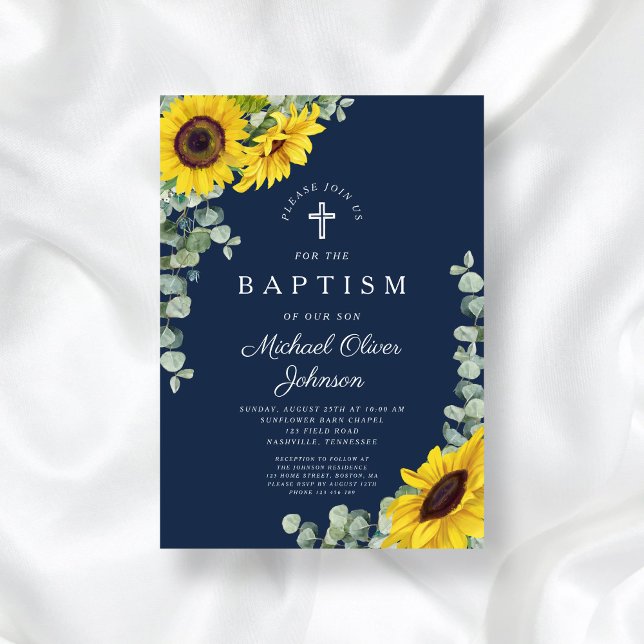 Invitación Elegante Baptismo de la cruz azul del girasol de l (Elegant Navy Blue Sunflower Cross Baptism Invitation)