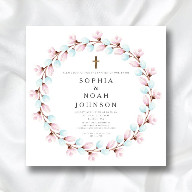 Invitación Elegante Baptismo de la Cruz Azul Rosa (Elegant Pink Blue Cross Twins Baptism Invitation)