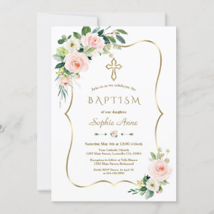 Invitación Elegante Baptismo de la Cruz de Oro de la Flora Bl