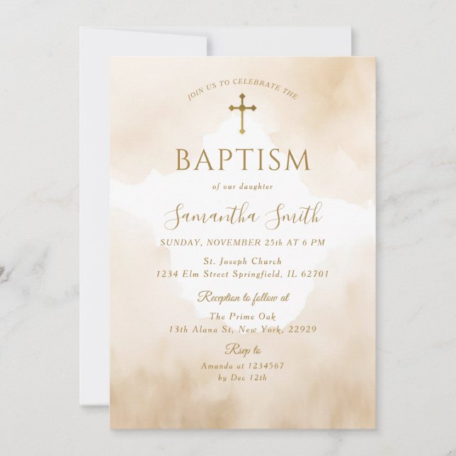 Invitación Elegante Baptismo de la Cruz de Oro Dusty Brown (Anverso)