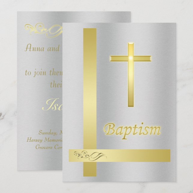 Invitación Elegante Baptismo de la Cruz de Oro en el fondo me (Anverso / Reverso)