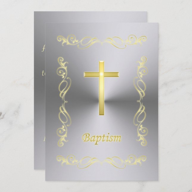 Invitación Elegante Baptismo de la Cruz de Oro en el fondo me (Anverso / Reverso)