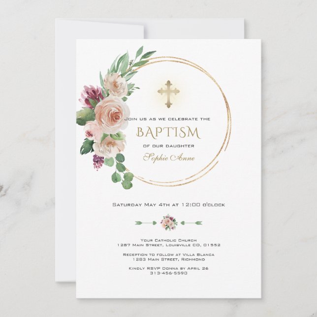 Invitación Elegante Baptismo de la Cruz de Oro Floral de Cham (Anverso)