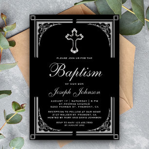 Invitación Elegante Baptismo de la Cruz de Plata Ornate Borde