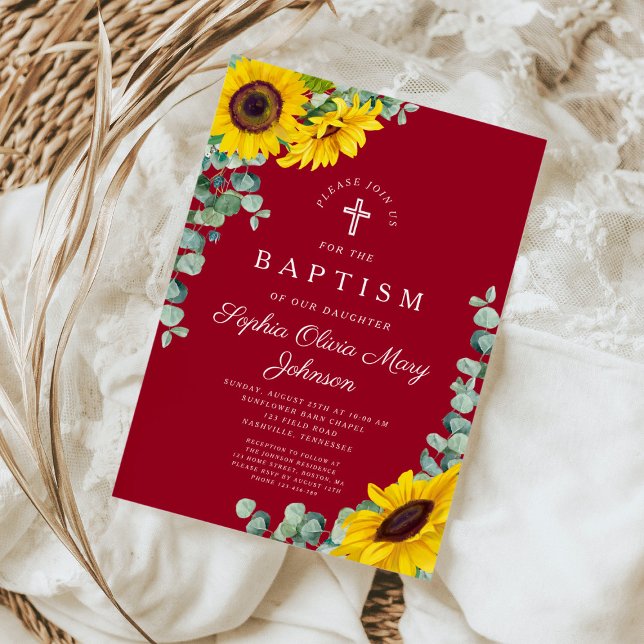 Invitación Elegante Baptismo de la Cruz del Girasol de Borgoñ (Subido por el creador)