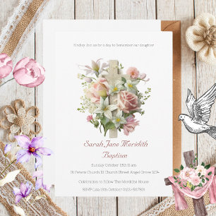 Invitación Elegante Baptismo de la Cruz Floral