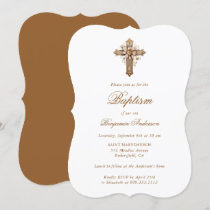 Invitación Elegante Baptismo de la Cruz Floral de Oro