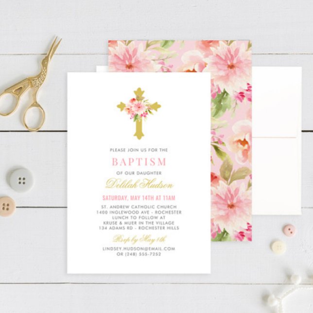 Invitación Elegante Baptismo de la Cruz Floral de Oro Rosa (Subido por el creador)