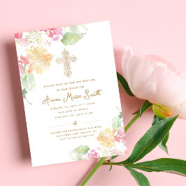 Invitación Elegante Baptismo de la Cruz Ornate Floral Rosa