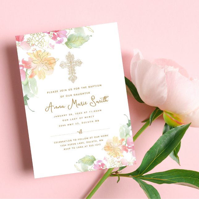 Invitación Elegante Baptismo de la Cruz Ornate Floral Rosa (Subido por el creador)