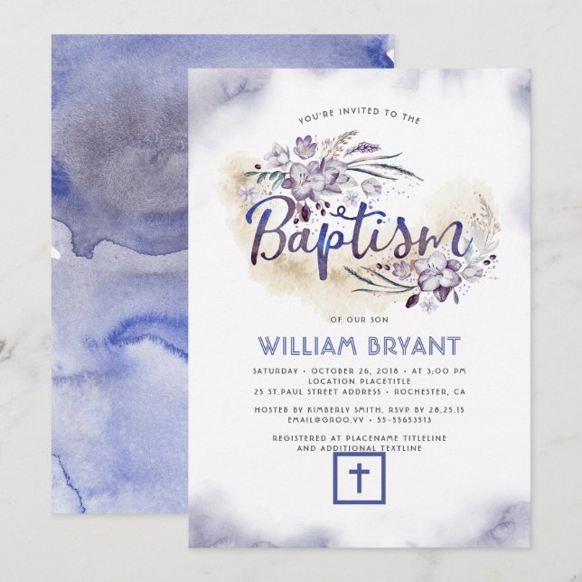 Invitación Elegante Baptismo de la Marina Floral Azul (Anverso / Reverso)