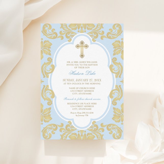 Invitación Elegante Baptismo de niño bebé cruzado de oro azul (Subido por el creador)
