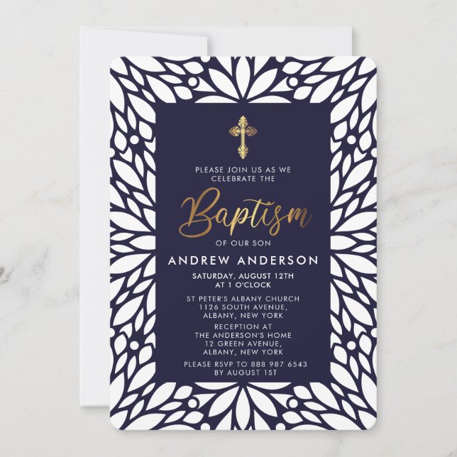 Invitación Elegante Baptismo De Niños De Oro Y Azul De La Mar (Anverso)