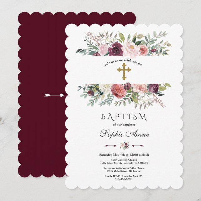 Invitación Elegante Baptismo de oro con marco floral de marfi (Anverso / Reverso)