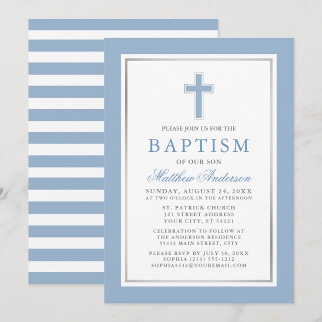 Invitación Elegante baptismo de plata azul claro a rayas (Anverso / Reverso)