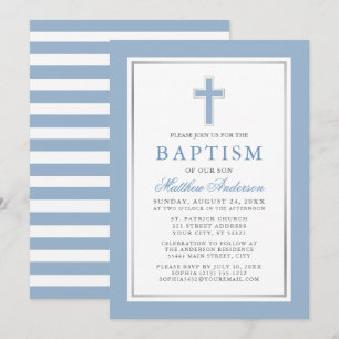 Invitación Elegante baptismo de plata azul claro a rayas