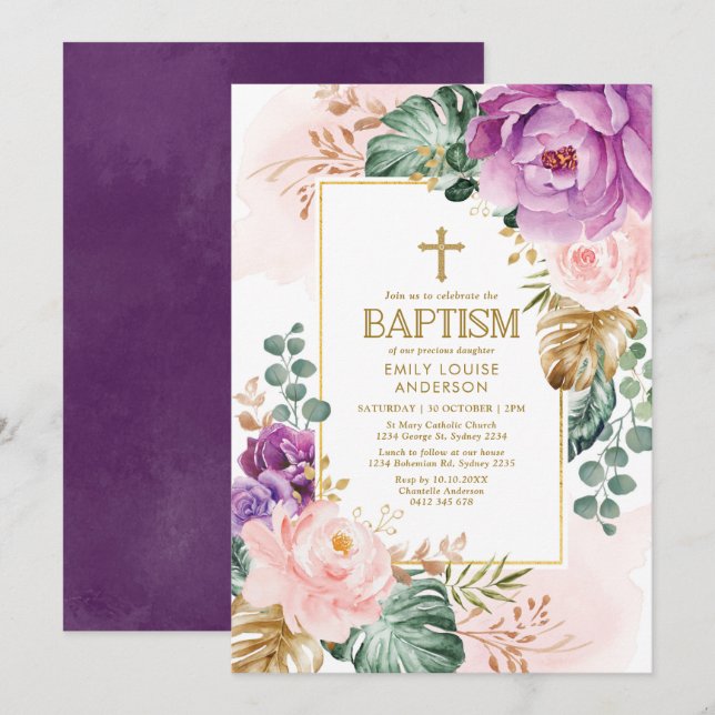 Invitación Elegante baptismo de verdor tropical púrpura púrpu (Anverso / Reverso)