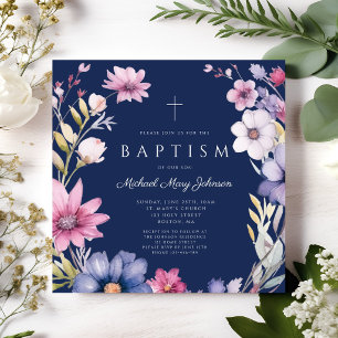 Invitación Elegante Baptismo de Wreath Boy Wildflower Azul