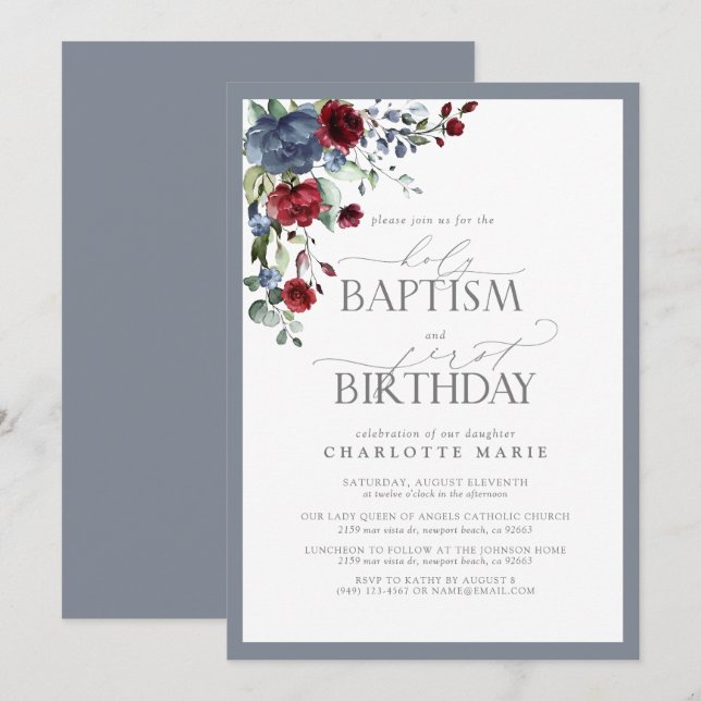 Invitación Elegante Baptismo Dorado Azul Borgoña Primer Cumpl (Anverso / Reverso)