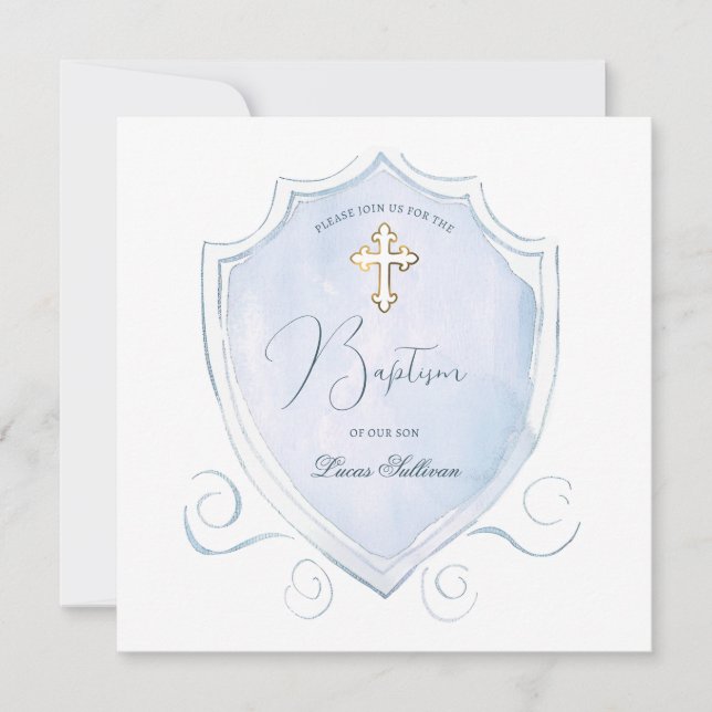 Invitación Elegante Baptismo Escudo de color azul claro (Anverso)