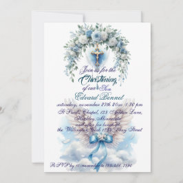 Invitación Elegante Baptismo Floral Azul