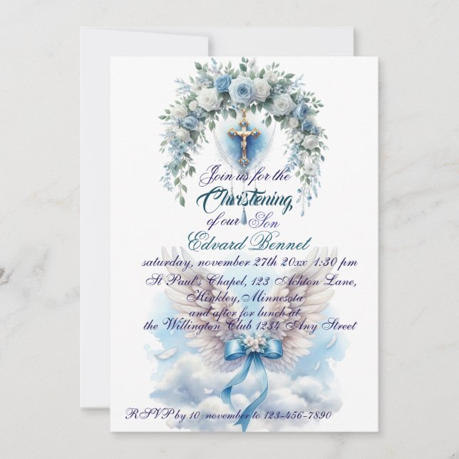 Invitación Elegante Baptismo Floral Azul (Anverso)