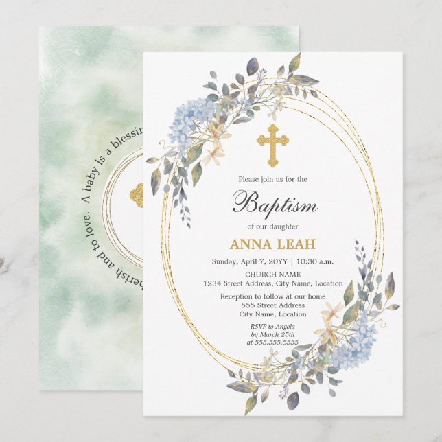 Invitación Elegante Baptismo Floral Gold Cross (Anverso / Reverso)