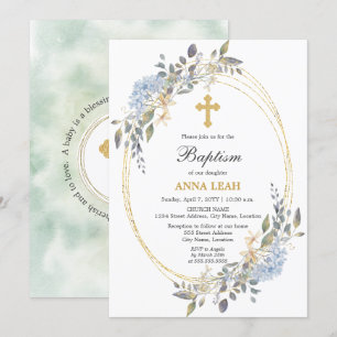Invitación Elegante Baptismo Floral Gold Cross