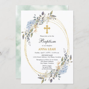 Invitación Elegante Baptismo Floral Gold Cross