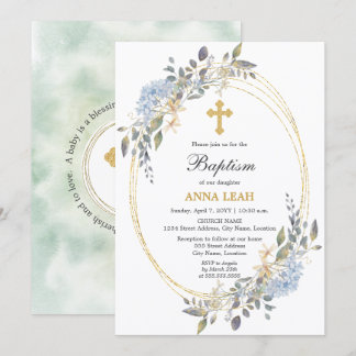 Invitación Elegante Baptismo Floral Gold Cross