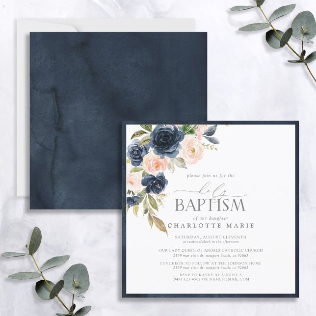 Invitación Elegante Baptismo Floral Rosa Rubor Azul de la Mar (Subido por el creador)