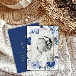 Invitación Elegante Baptismo fotográfico azul y blanco