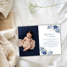 Invitación Elegante Baptismo fotográfico de Flor Azul
