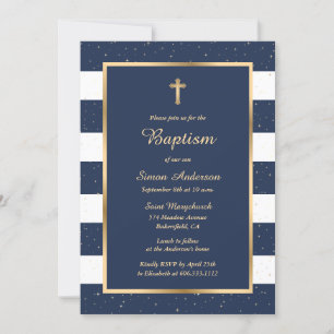 Invitación Elegante Baptismo moderno de cruz de oro azul